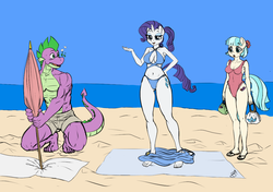 Size: 1200x845 | Tagged: safe, artist:pia-sama, edit, coco pommel, rarity, spike, anthro, plantigrade anthro, g4, abs, absolute cleavage, barefoot, beach, beach umbrella, belly button, bikini, breasts, busty coco pommel, busty rarity, cleavage, clothes, colored, feet, female, flip-flops, handbag, male, muscles, older, older spike, one-piece swimsuit, partial nudity, purse, sandals, ship:cocospike, ship:sparico, ship:sparity, shipping, shorts, straight, swimsuit, topless, towel, umbrella, undressing