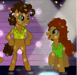 Size: 396x388 | Tagged: safe, screencap, cheese sandwich, chili cheese, grilled sandwich, earth pony, pony, g4, pinkie pride, animated, bipedal, cheese curls, clothes, confetti, grin, hoof hold, jar, male, mayonnaise, open mouth, shirt, smiling, stallion, standing, streamers, talking