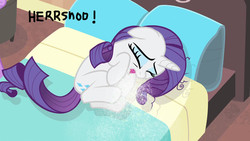 Size: 1920x1080 | Tagged: safe, artist:sneezefetishponies, edit, edited screencap, screencap, rarity, g4, rarity takes manehattan, bed, female, mucous, sneezing, sneezing fetish, snot, solo, spray