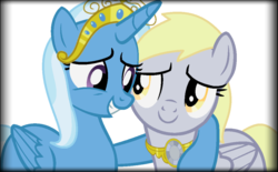 Size: 1024x635 | Tagged: safe, artist:chibinekogirl102, derpy hooves, trixie, alicorn, pegasus, pony, g4, alicornified, alternate universe, big crown thingy, duo, element of muffins, lunaverse, race swap, trixiecorn, underp