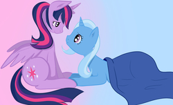 Size: 1024x621 | Tagged: safe, artist:evannasykes, trixie, twilight sparkle, alicorn, pony, g4, blanket, female, lesbian, mare, pregnant, ship:twixie, shipping, twilight sparkle (alicorn)