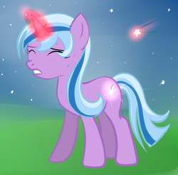 Size: 902x886 | Tagged: safe, artist:evannasykes, oc, oc only, cutiespark, eyes closed, gritted teeth, magic, magical lesbian spawn, offspring, parent:trixie, parent:twilight sparkle, parents:twixie, shooting star, solo, sweat