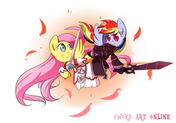 Size: 2000x1400 | Tagged: safe, artist:joycall6, fluttershy, rainbow dash, pegasus, pony, g4, anime, cosplay, crossover, female, lesbian, ship:flutterdash, shipping, sword art online, weapon