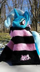 Size: 422x750 | Tagged: safe, artist:egophiliac, artist:pixelkitties, trixie, pony, unicorn, g4, clothes, day, female, irl, mare, photo, pixelkitties, plushie, scarf, solo