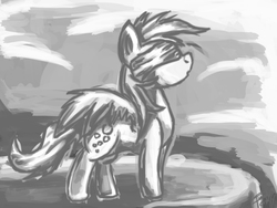 Size: 1600x1200 | Tagged: safe, artist:ostichristian, derpy hooves, pegasus, pony, g4, blindfold, female, mare, monochrome, solo