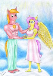 Size: 1634x2326 | Tagged: safe, artist:sinaherib, big macintosh, fluttershy, anthro, plantigrade anthro, g4, barefoot, clothes, cloud, cloudy, dress, feet, female, male, ship:fluttermac, shipping, straight, traditional art