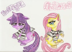 Size: 900x654 | Tagged: safe, artist:blackmidnightkat, fluttershy, twilight sparkle, alicorn, pony, g4, clothes, crying, cuffs, female, lesbian, lock, mare, prison outfit, prison stripes, prisoner ts, ship:twishy, shipping, twilight sparkle (alicorn)