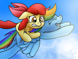 Size: 1024x768 | Tagged: safe, artist:conicer, apple bloom, rainbow dash, g4, apple bloom riding rainbow dash, flying, ponies riding ponies, riding, scared