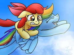 Size: 1024x768 | Tagged: safe, artist:conicer, apple bloom, rainbow dash, g4, flying, ponies riding ponies, riding, scared