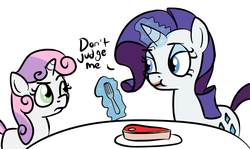 Size: 782x467 | Tagged: safe, artist:heretichesh, rarity, sweetie belle, pony, unicorn, g4, comic, dialogue, duo, food, fork, glowing, glowing horn, horn, magic, plate, ponies eating meat, simple background, steak, table, telekinesis