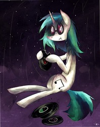 Size: 1280x1614 | Tagged: dead source, safe, artist:wisewatcher, dj pon-3, vinyl scratch, pony, unicorn, g4, broken glasses, eating, female, glasses, pica, record, scrunchy face, solo