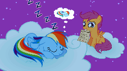 Size: 1280x720 | Tagged: safe, artist:jan, edit, rainbow dash, scootaloo, ask the crusaders, g4, adoption, animated, cloud, crying, feels, female, gif, mouth hold, night, on a cloud, scootadoption, scootalove, sleeping, sleeping on a cloud, sleepydash, tears of joy, teary eyes, zzz