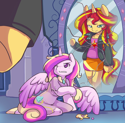 Size: 1671x1654 | Tagged: safe, artist:ende26, princess cadance, sunset shimmer, alicorn, pony, unicorn, semi-anthro, equestria girls, g4, arm hooves, female, magic mirror, mare