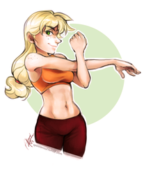 Size: 673x803 | Tagged: safe, artist:ddhew, applejack, human, abs, belly button, breasts, busty applejack, female, freckles, humanized, light skin, midriff, solo, stretching