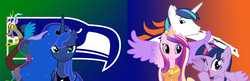 Size: 1024x331 | Tagged: safe, discord, princess cadance, princess luna, shining armor, twilight sparkle, alicorn, pony, g4, american football, denver broncos, female, mare, nfl, seattle seahawks, super bowl, super bowl xlviii, twilight sparkle (alicorn)