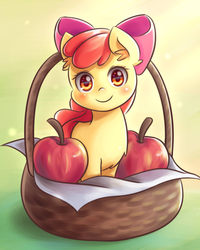 Size: 800x1000 | Tagged: safe, artist:ninjaham, apple bloom, earth pony, pony, g4, adorabloom, apple, basket, blushing, bow, cute, female, filly, hair bow, looking at you, smiling, solo