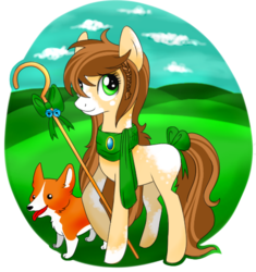 Size: 472x503 | Tagged: safe, artist:ephemerence, oc, oc only, corgi, dog, earth pony, pony, bow, clothes, crook, female, mare, scarf, shepherd, shepherd's crook