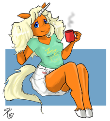 Size: 1111x1222 | Tagged: safe, artist:foxiesummers, oc, oc only, oc:dreamsicle, anthro, anthro oc, breasts, coffee, diaper, female, non-baby in diaper, solo, unshorn fetlocks
