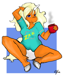 Size: 999x1222 | Tagged: safe, artist:foxiesummers, oc, oc only, oc:dreamsicle, unicorn, anthro, anthro oc, breasts, coffee, diaper, female, non-baby in diaper, solo, unshorn fetlocks
