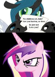 Size: 482x669 | Tagged: safe, princess cadance, queen chrysalis, alicorn, changeling, changeling queen, pony, g4, barren, cadance is not amused, chrysalis' note, exploitable, female, hilarious in hindsight, infertility, mare, meme, parody, sign, this will end in pain, unamused