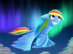 Size: 1038x769 | Tagged: safe, artist:avialexis25, rainbow dash, pegasus, pony, g4, aurora borealis, cloud, female, floppy ears, flying, happy, mare, night, night sky, sky, smiling, solo, spread wings, wings