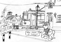Size: 3184x2247 | Tagged: safe, oc, oc only, oc:pit pone, ask, chubby, clothes, coat, fat, hat, house, lamppost, monochrome, police, police station, road sign, scenery, sign, solo, street, town, town square, tram, tumblr