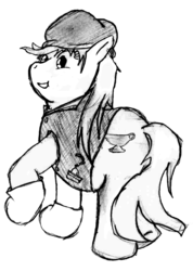 Size: 774x1088 | Tagged: safe, oc, oc only, oc:pit pone, ask, chubby, clothes, coat, fat, hat, monochrome, solo, tumblr