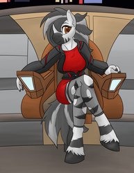 Size: 786x1017 | Tagged: safe, artist:fetchbeer, oc, oc only, oc:kinky beer, zebra, anthro, anthro oc, breasts, clothes, female, jacket, sitting, solo, star trek, stockings