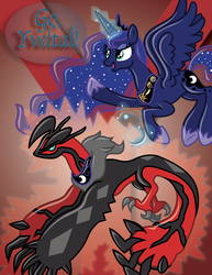 Size: 2545x3295 | Tagged: safe, artist:inkrose98, princess luna, yveltal, g4, awesome, badge, crossover, flying, magic, pointing, poké ball, pokémon, smiling, spread wings