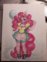 Size: 1200x1600 | Tagged: safe, artist:usagikoneko-chan, pinkie pie, earth pony, anthro, g4, balloon, female, solo, tongue out, traditional art