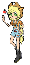 Size: 318x674 | Tagged: safe, artist:morwenhelyanwe, applejack, human, g4, apple, eared humanization, female, front knot midriff, humanized, light skin, midriff, overalls, simple background, solo