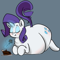 Size: 1500x1500 | Tagged: safe, artist:whydomenhavenipples, rarity, pony, unicorn, g4, belly, belly bed, blushing, butt, cake, chocolate cake, content, ear fluff, eating, eyes closed, eyeshadow, fat, female, fork, glowing horn, happy, horn, impossibly large belly, levitation, magic, makeup, obese, plot, raritubby, rearity, solo, telekinesis, the ass was fat
