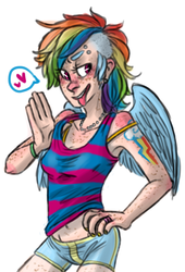 Size: 477x700 | Tagged: safe, artist:glynn, rainbow dash, human, g4, belly button, clothes, female, freckles, humanized, light skin, midriff, piercing, shorts, solo, tank top, tongue out, undercut, winged humanization