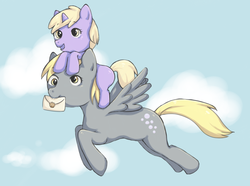 Size: 1051x782 | Tagged: safe, artist:risuchan, derpy hooves, dinky hooves, pegasus, pony, g4, equestria's best mother, female, flying, letter, mare, mouth hold