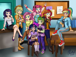 Size: 1024x768 | Tagged: dead source, safe, artist:teammagix, applejack, fluttershy, pinkie pie, rainbow dash, rarity, spike, sunset shimmer, twilight sparkle, human, g4, alternate design, female, grin, human spike, humanized, looking at you, male, mane seven, mane six, smiling, smiling at you