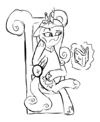 Size: 427x517 | Tagged: safe, artist:aaron amethyst, princess cadance, g4, book, female, monochrome, sitting, solo, sudoku, throne, throne slouch