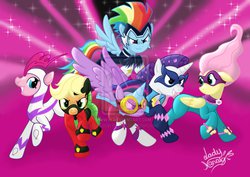 Size: 2912x2059 | Tagged: safe, artist:ladynanaki, applejack, fili-second, fluttershy, mistress marevelous, pinkie pie, radiance, rainbow dash, rarity, saddle rager, twilight sparkle, zapp, alicorn, pony, g4, power ponies (episode), female, mane six, mare, masked matter-horn costume, power ponies, twilight sparkle (alicorn)
