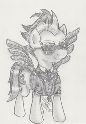 Size: 1024x1476 | Tagged: safe, artist:inurantchan, spitfire, g4, clothes, female, monochrome, solo, sunglasses, traditional art