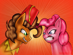 Size: 5267x3952 | Tagged: safe, artist:sixpathsoffriendship, cheese sandwich, pinkie pie, earth pony, pony, g4, pinkie pride, angry, duo, female, fez, hat, male, mare, stallion