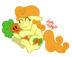 Size: 1852x1467 | Tagged: safe, artist:ladynanaki, carrot top, golden harvest, earth pony, pony, g4, carrot, female, happy, hug, mare, plushie, simple background, solo, transparent background