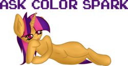 Size: 850x441 | Tagged: safe, artist:psicarii, oc, oc only, oc:color spark, ask, belly button, solo, tumblr