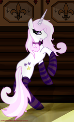 Size: 944x1544 | Tagged: safe, artist:pedrohander, fleur-de-lis, pony, unicorn, g4, clothes, colored, concave belly, female, mare, rearing, slender, socks, solo, striped socks, thin