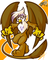 Size: 1024x1280 | Tagged: safe, artist:lilchu, gilda, griffon, g4, abstract background, bipedal, chest fluff, female, looking at you, qr code, solo, spread wings, walking, wings