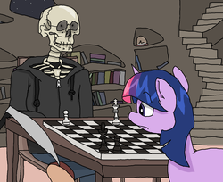 Size: 1024x837 | Tagged: safe, artist:r99kie, twilight sparkle, g4, chess, chessboard incorrectly oriented, grim reaper, scythe