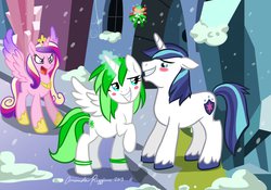 Size: 1280x895 | Tagged: safe, artist:touchofsnow, princess cadance, shining armor, oc, alicorn, pony, g4, alicorn oc, blushing, canon x oc, infidelity, mistletoe, trio