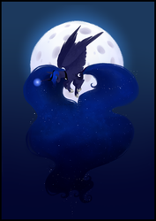 Size: 800x1132 | Tagged: safe, artist:sutexii, princess luna, g4, backlighting, female, flying, long mane, long tail, moon, solo