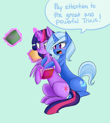 Size: 1280x1434 | Tagged: safe, artist:pyupew, trixie, twilight sparkle, alicorn, pony, unicorn, g4, blushing, book, dialogue, duo, female, glowing horn, horn, hug, inconvenient trixie, lesbian, magic, mare, open mouth, ship:twixie, shipping, simple background, sitting, speech bubble, telekinesis, twilight sparkle (alicorn)