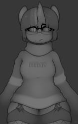 Size: 1204x1920 | Tagged: safe, artist:terrabutt, twilight sparkle, anthro, g4, clothes, female, garter belt, glasses, grayscale, monochrome, simple background, solo, stockings, sweater