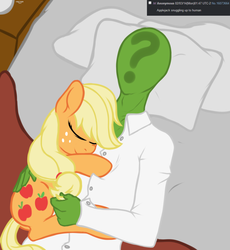 Size: 997x1083 | Tagged: safe, artist:mostazathy, applejack, oc, oc:anon, human, pony, g4, bed, cuddling, human on pony snuggling, on back, request, snuggling