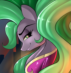 Size: 1258x1287 | Tagged: safe, artist:skyart301, mane-iac, earth pony, pony, g4, bodysuit, bust, clothes, eyelashes, female, portrait, smiling, solo